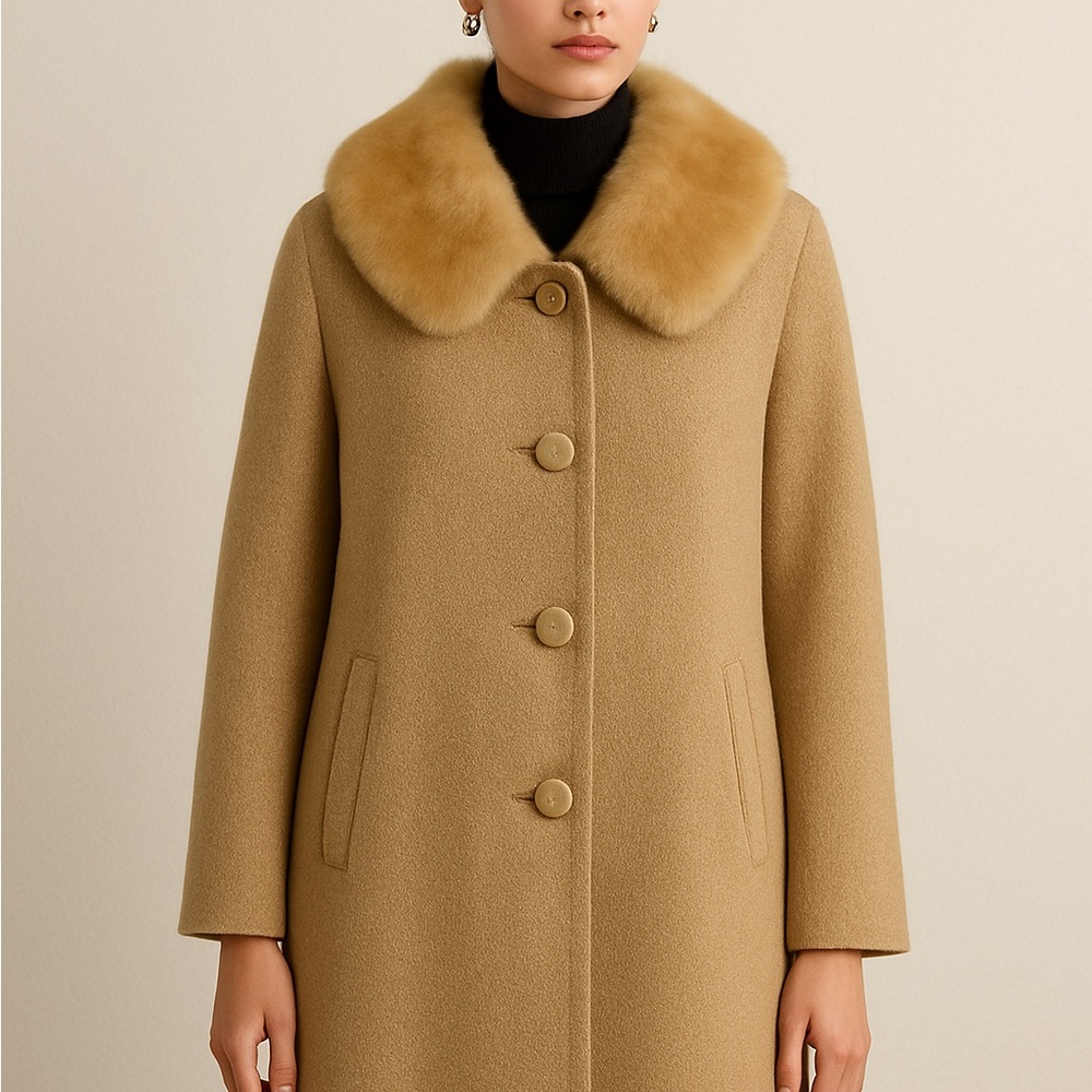 Vintage Wool Coat with Luxury Fur Collar – Classic Beige Elegance
